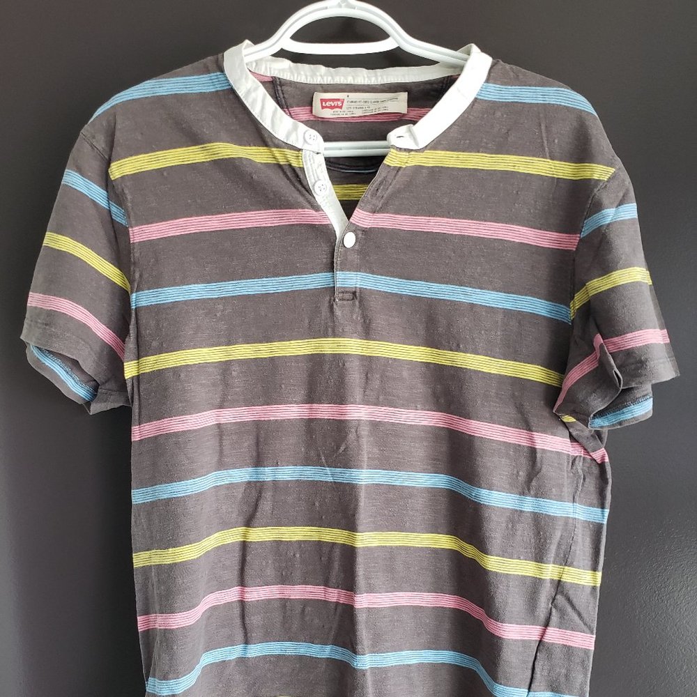 Levi's Medium Grey and Neon Stripe Short Sleeve Quarter Button Tshirt